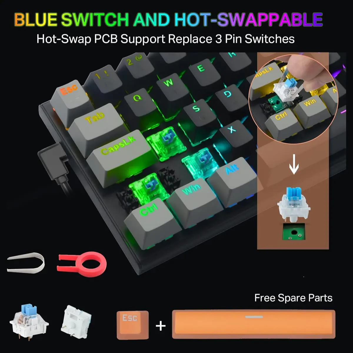 E-YOOSO Z-11 60% Wired Mechanical Gaming Keyboard, 61 Keys RGB Backlit Hot Swappable, Blue Switches, USB Type-C, for Windows and Mac OS, Black Grey gallery image 2