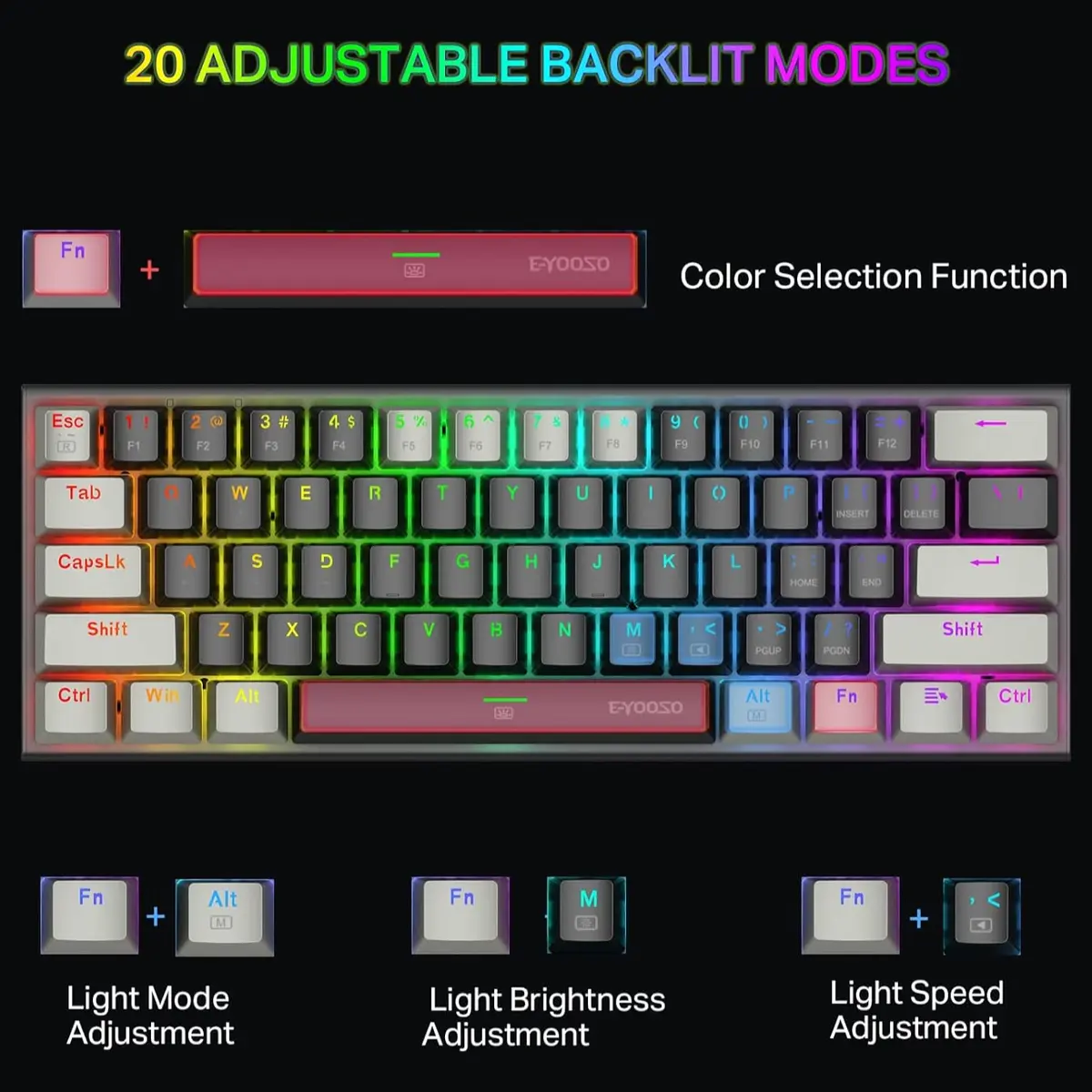 E-YOOSO Z-11 60% Wired Mechanical Gaming Keyboard, 61 Keys RGB Backlit Hot Swappable, Blue Switches, USB Type-C, for Windows and Mac OS, Black Grey gallery image 1