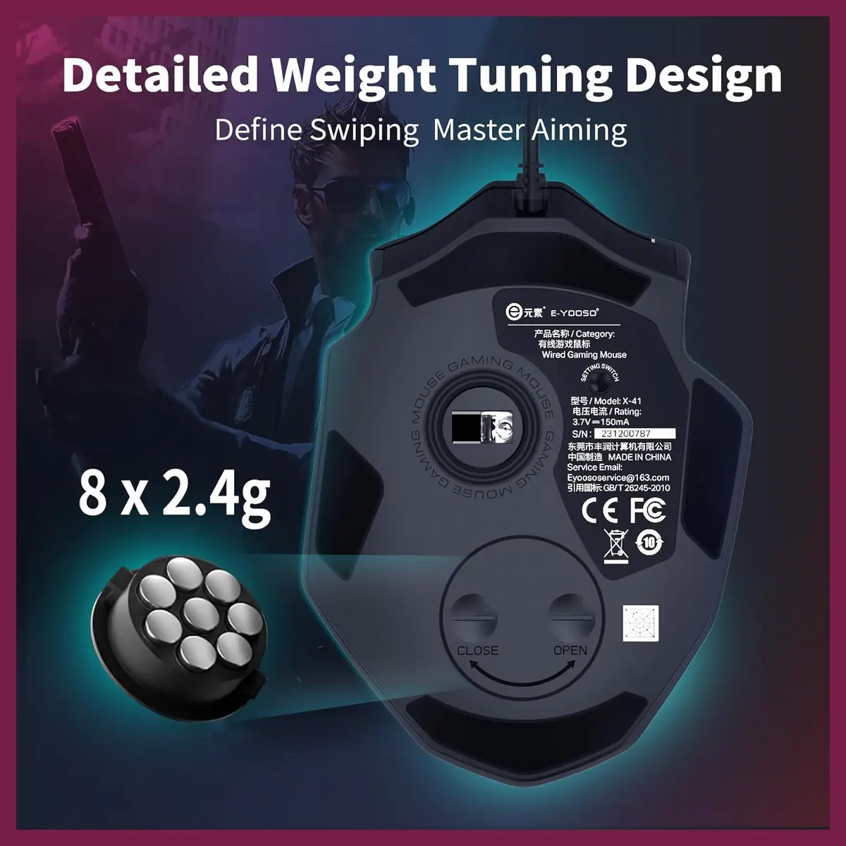E-YOOSO X-41 Pro Wired Large Gaming Mouse, 200-12400 DPI Pixart PAW3327 Sensor, RGB Backlit gallery image 5