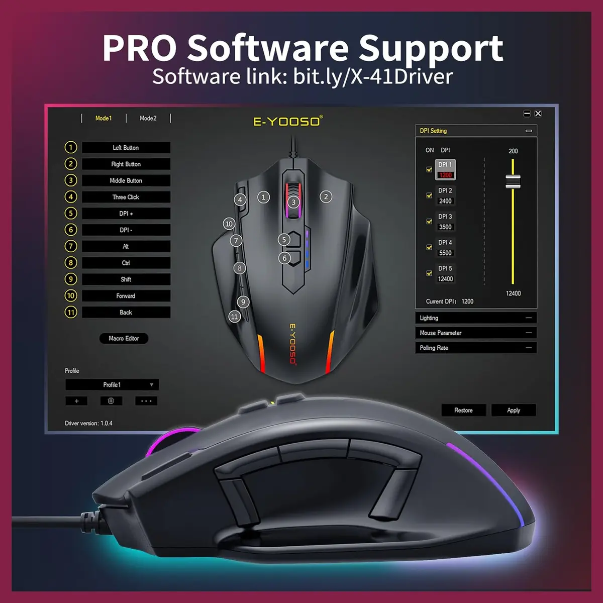 E-YOOSO X-41 Pro Wired Large Gaming Mouse, 200-12400 DPI Pixart PAW3327 Sensor, RGB Backlit gallery image 4